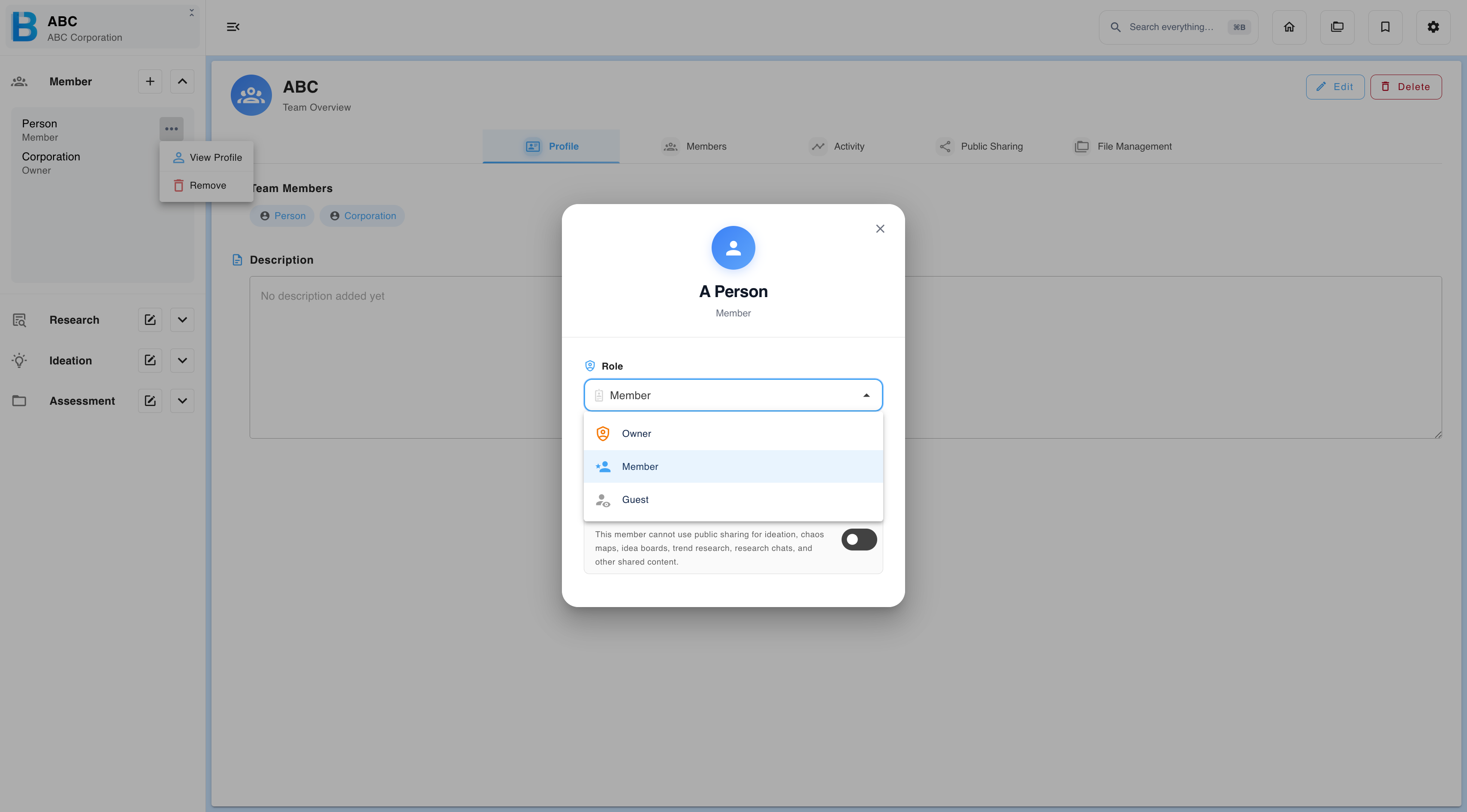 Changing a member's role from the members list