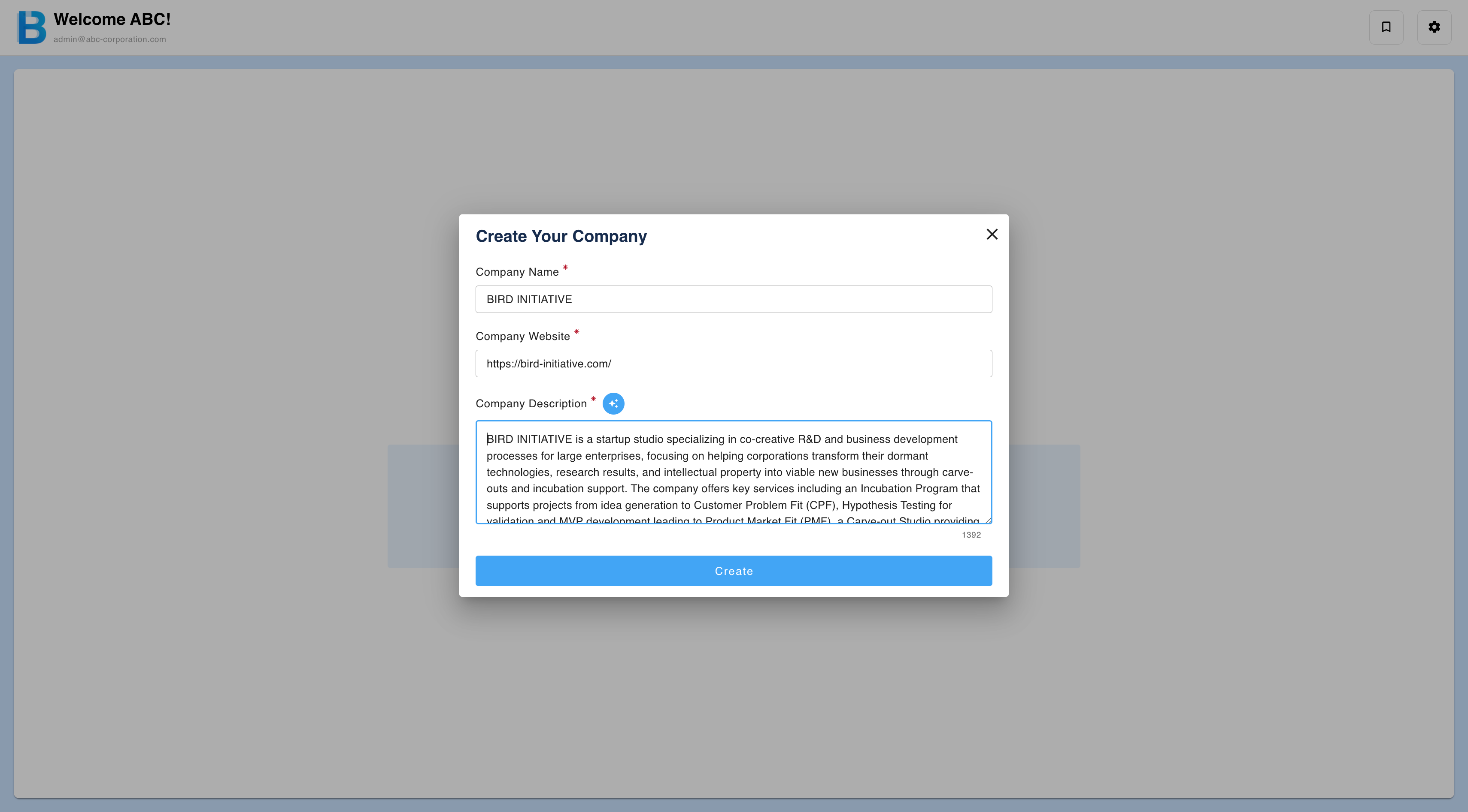 Creating a company with name, website URL and description