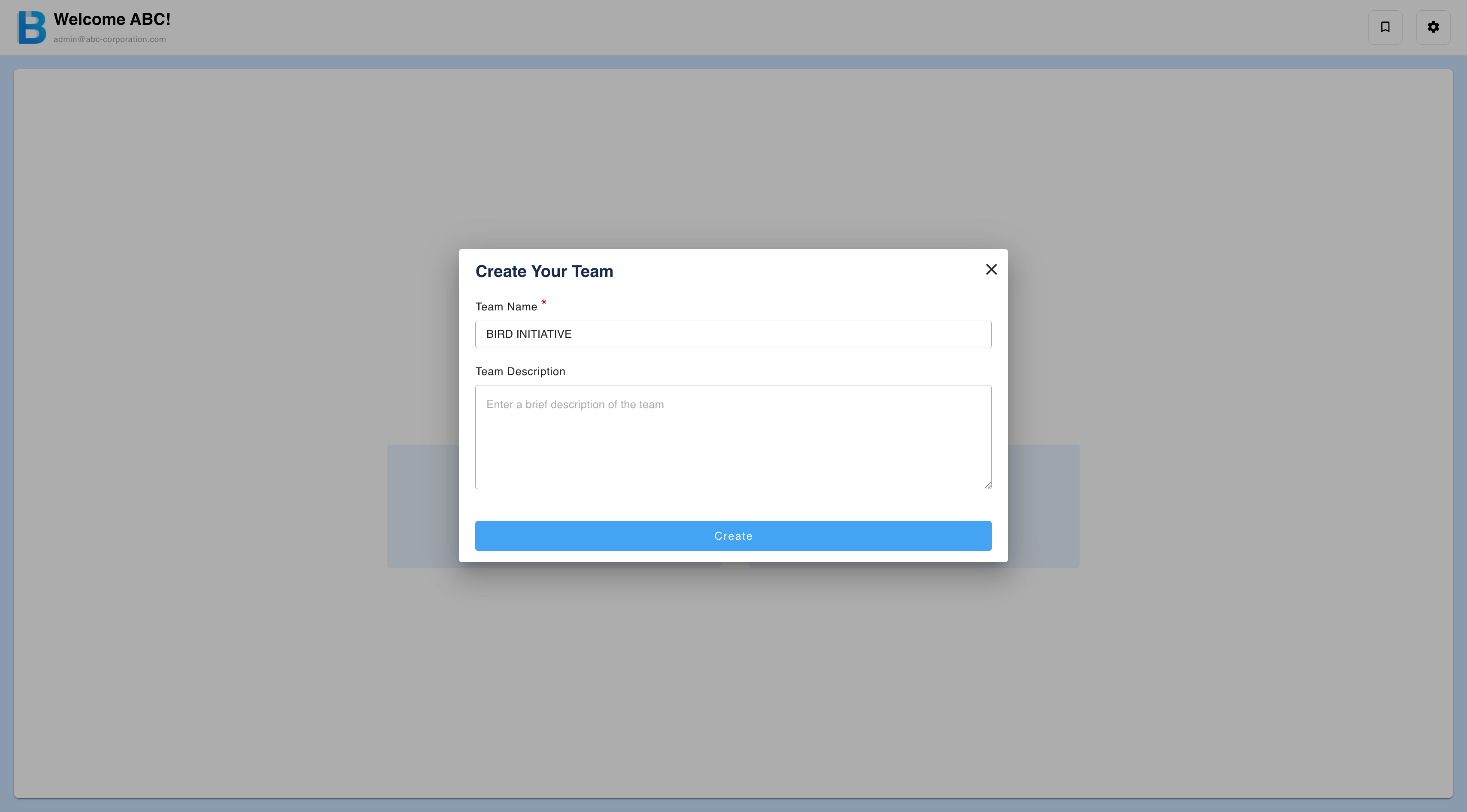Creating a team with a name and optional description
