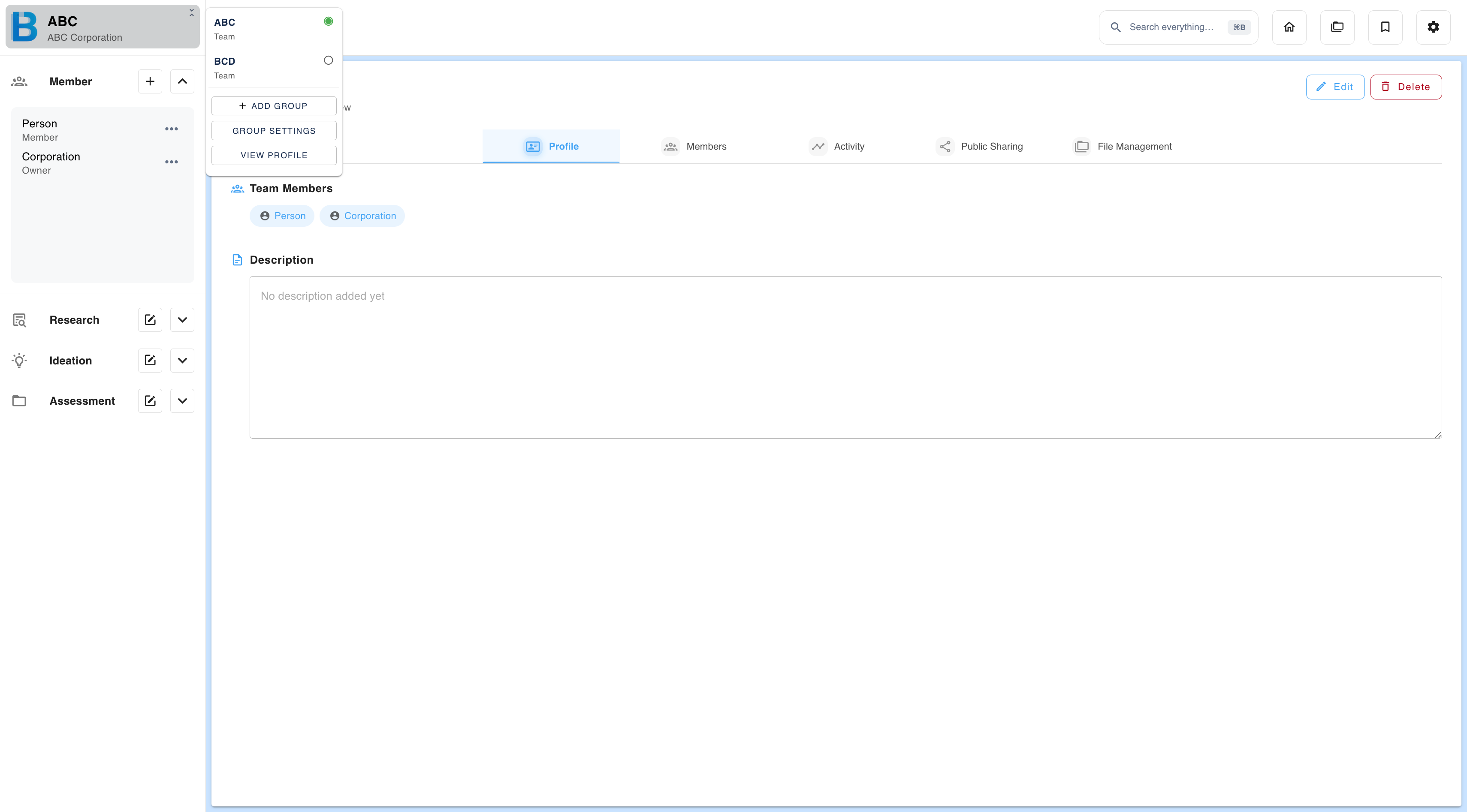 The group menu opened from the group name in the top-left corner