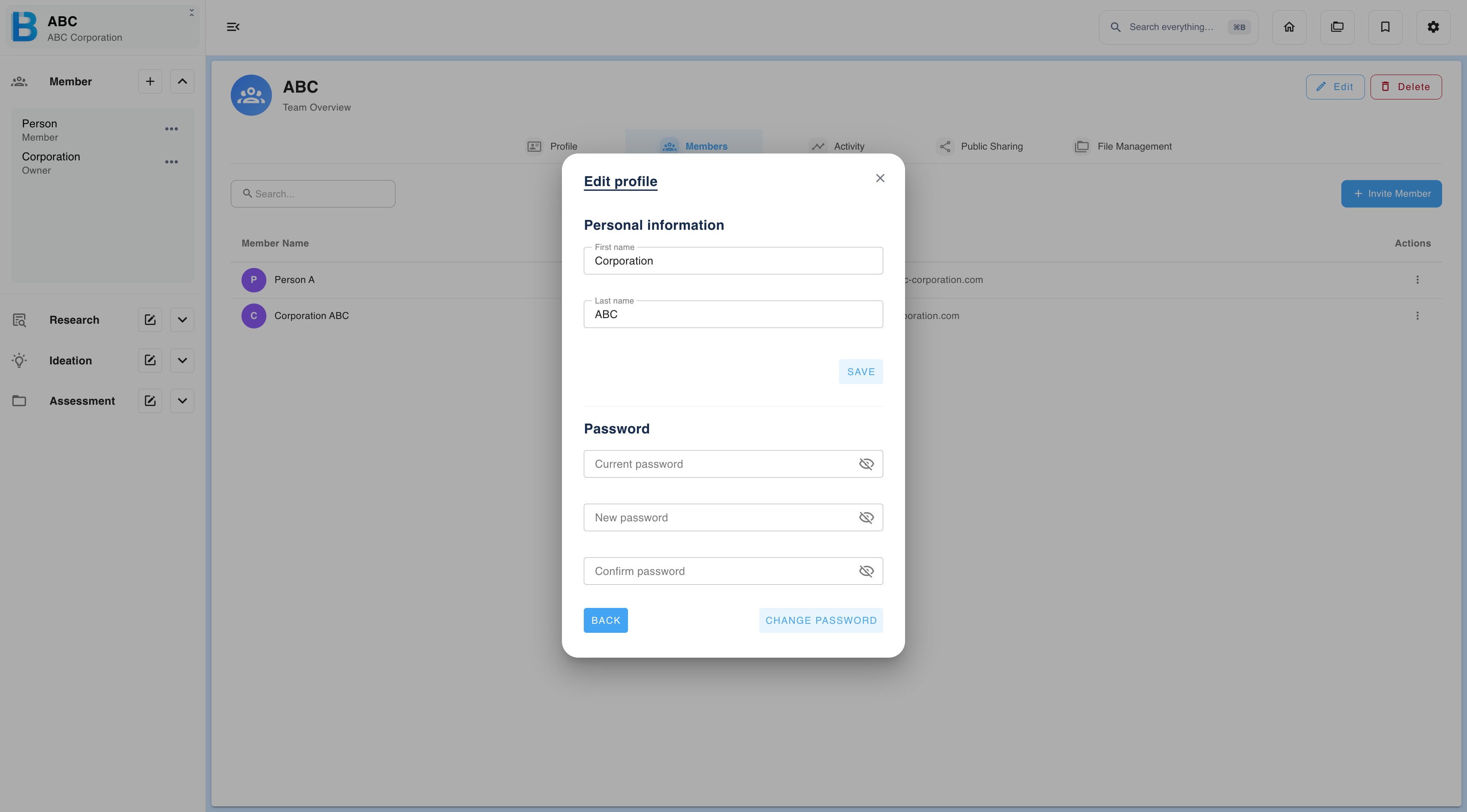 Opening the password screen from Group Administration