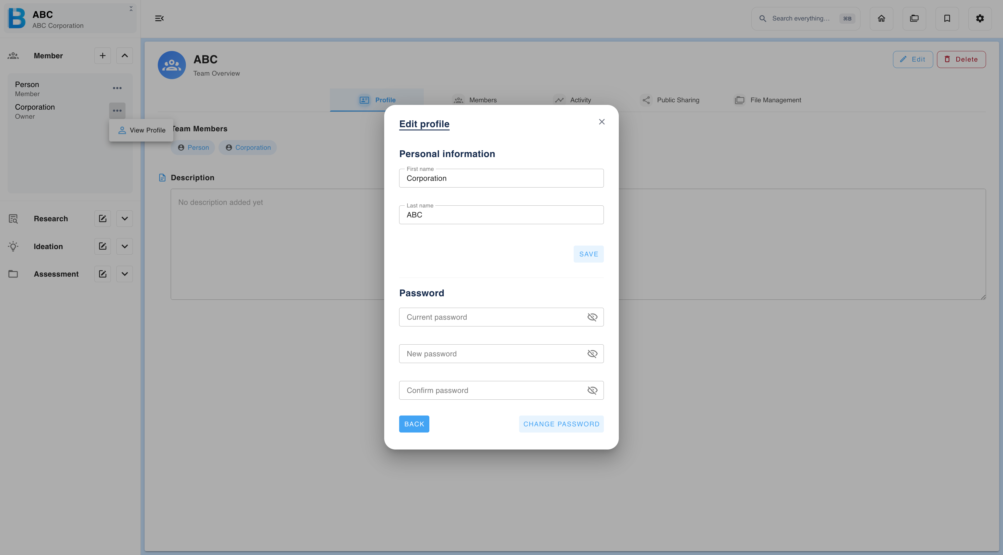 Opening the password screen from the member list