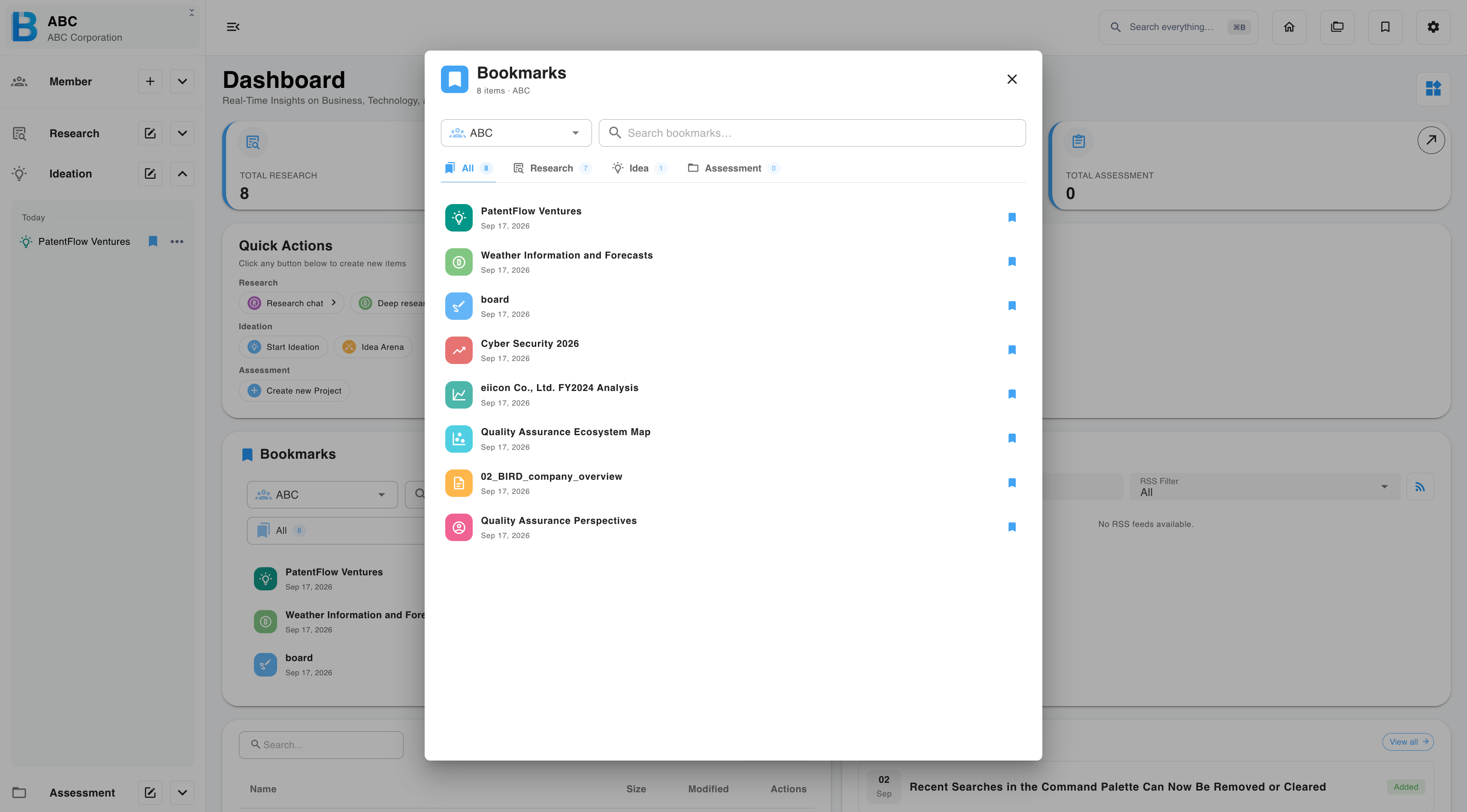 The bookmarks dialog with group filter, tabs and search box