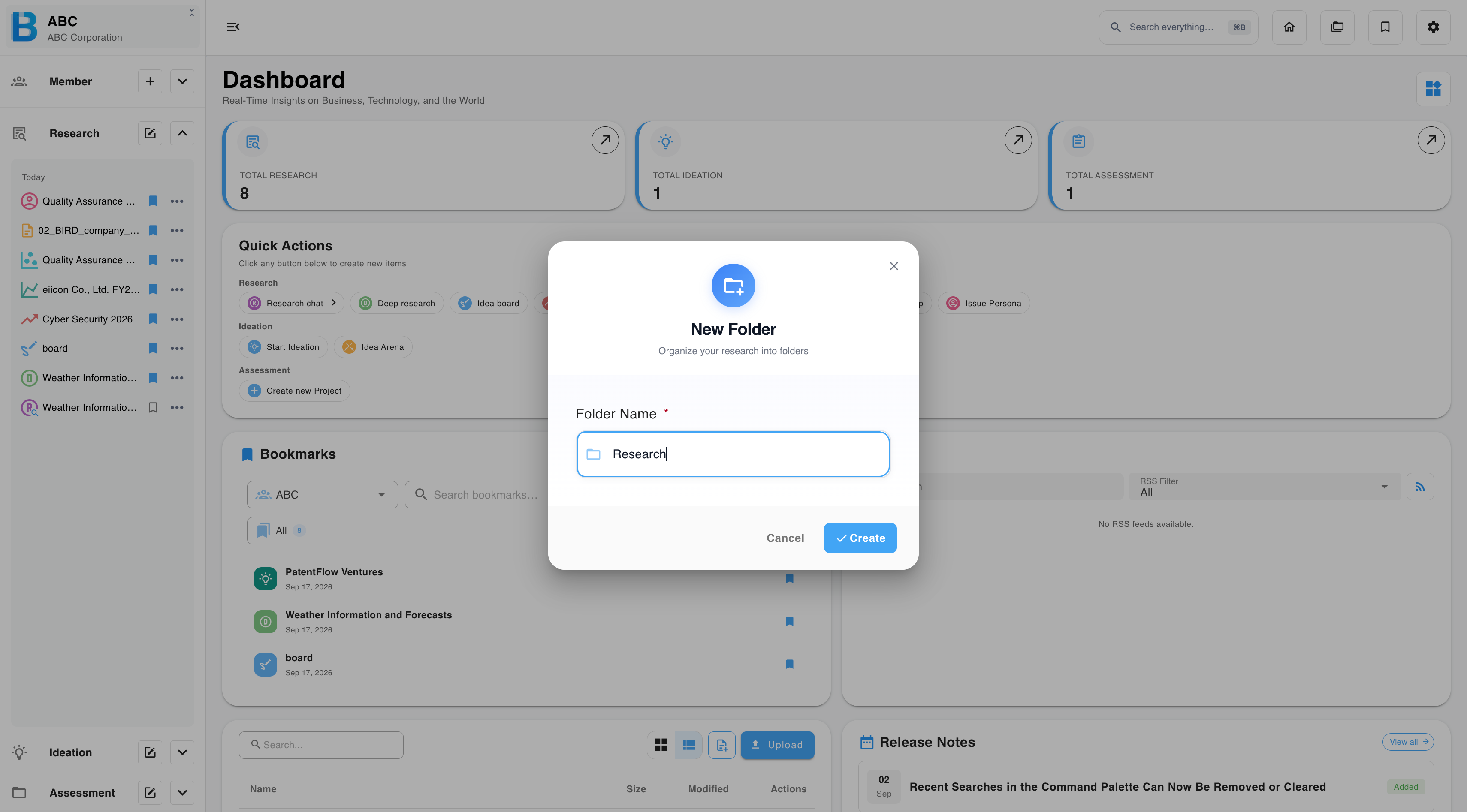 Creating a new folder from the section menu