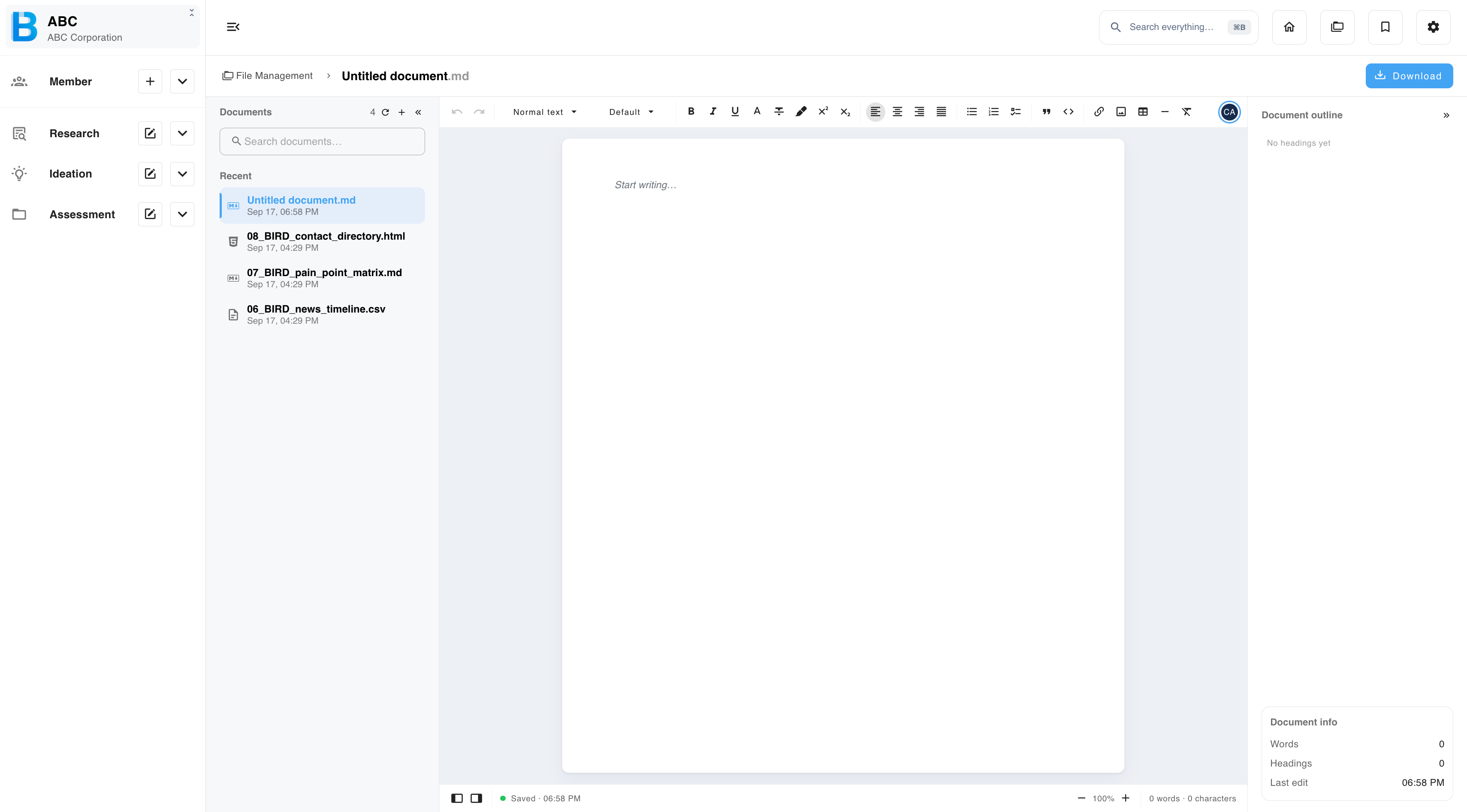 The memo editor with its formatting toolbar