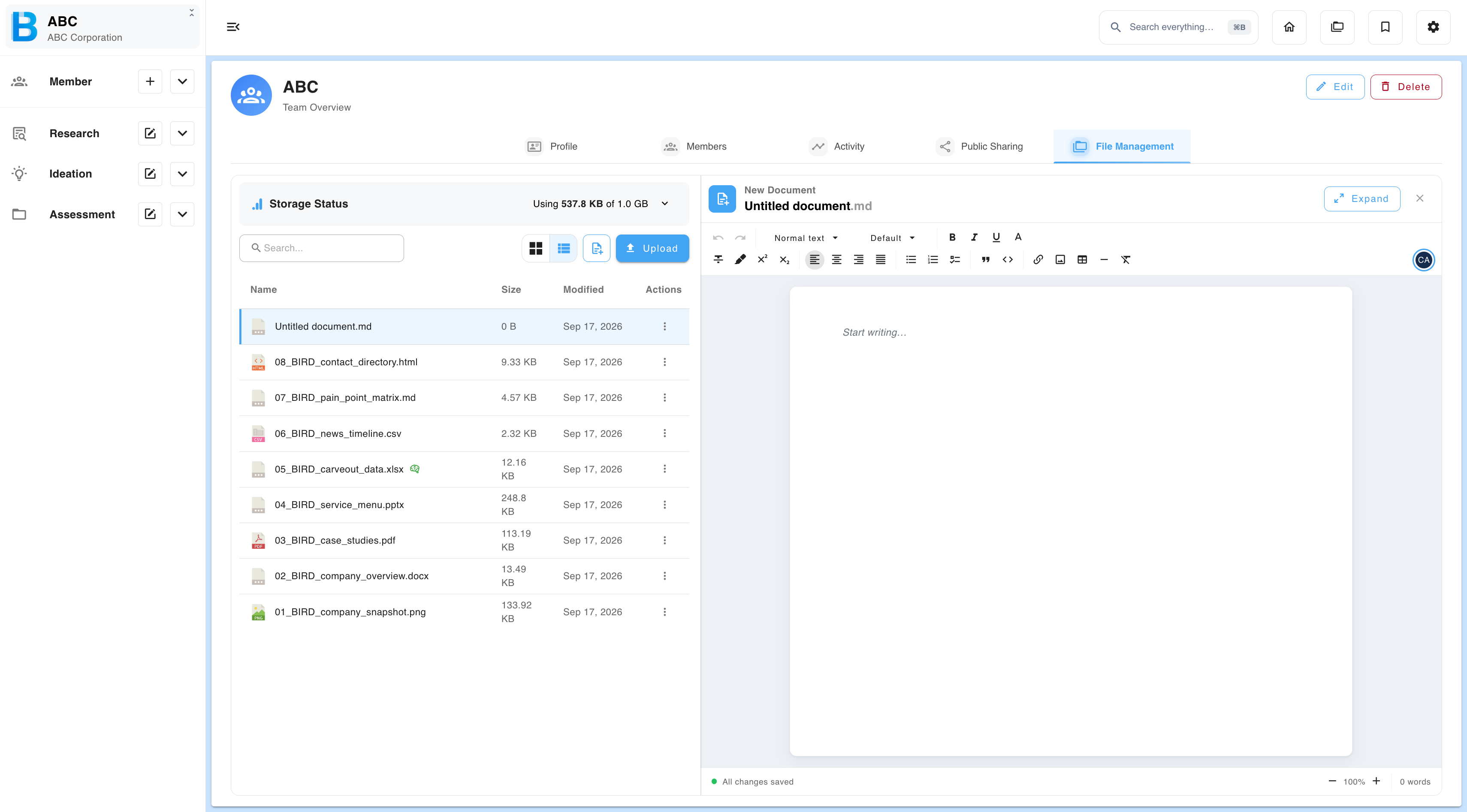 A new Untitled document.md memo in file management