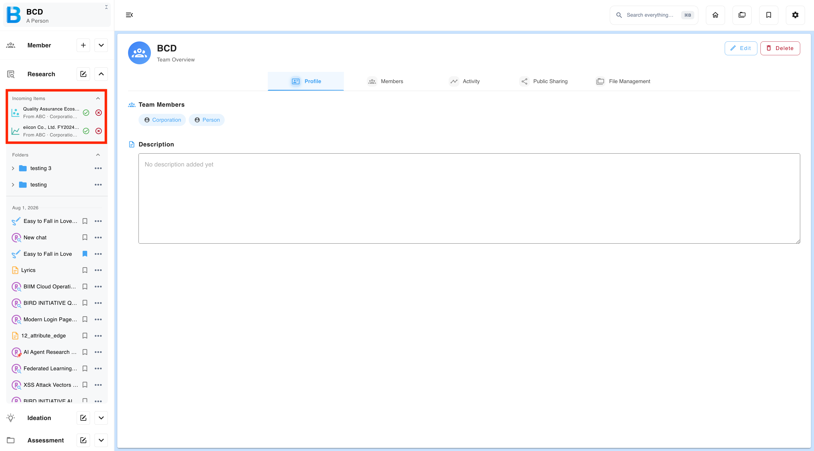 Incoming items in the receiving owner's sidebar, with accept and decline buttons
