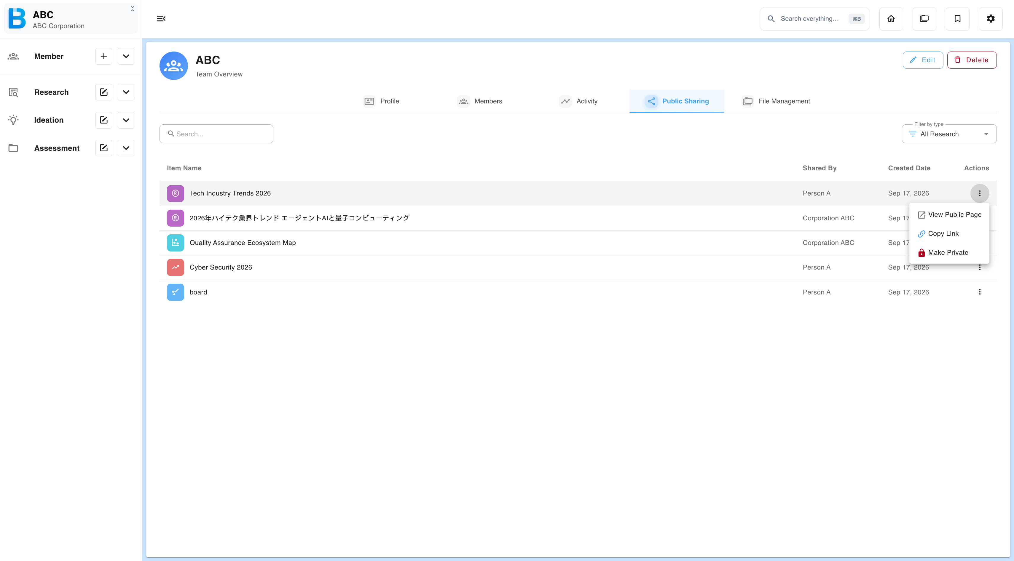 The Public sharing audit tab