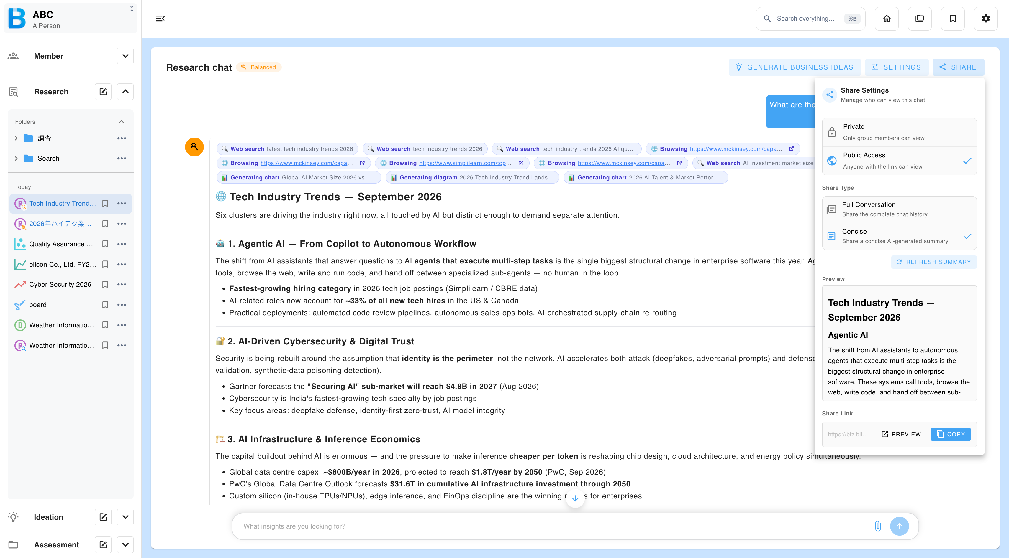 The share settings panel for a research chat