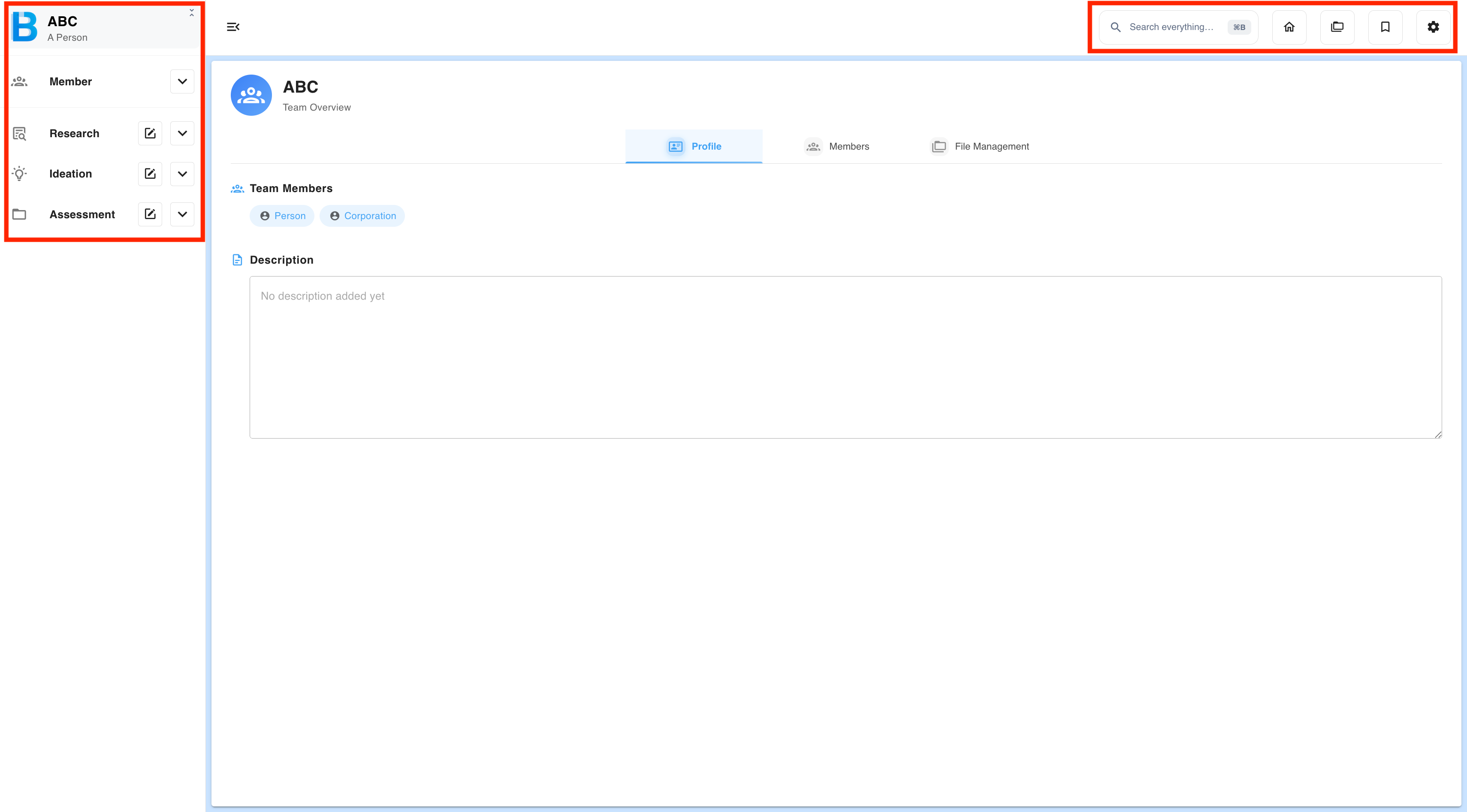 The workspace sidebar with Members, Research, Ideation and Assessment