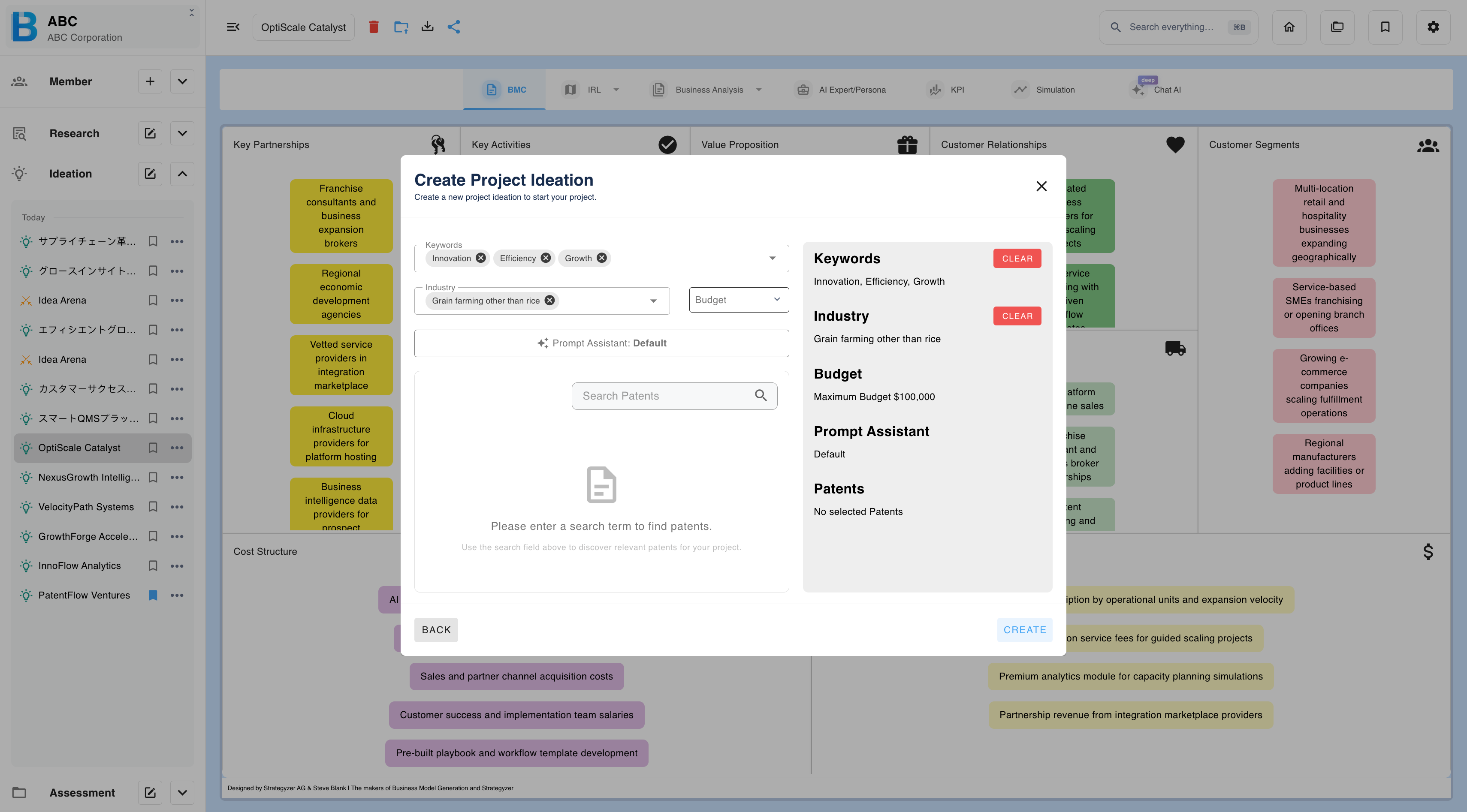 The Advanced options screen with keyword, industry, patent, budget and technique fields