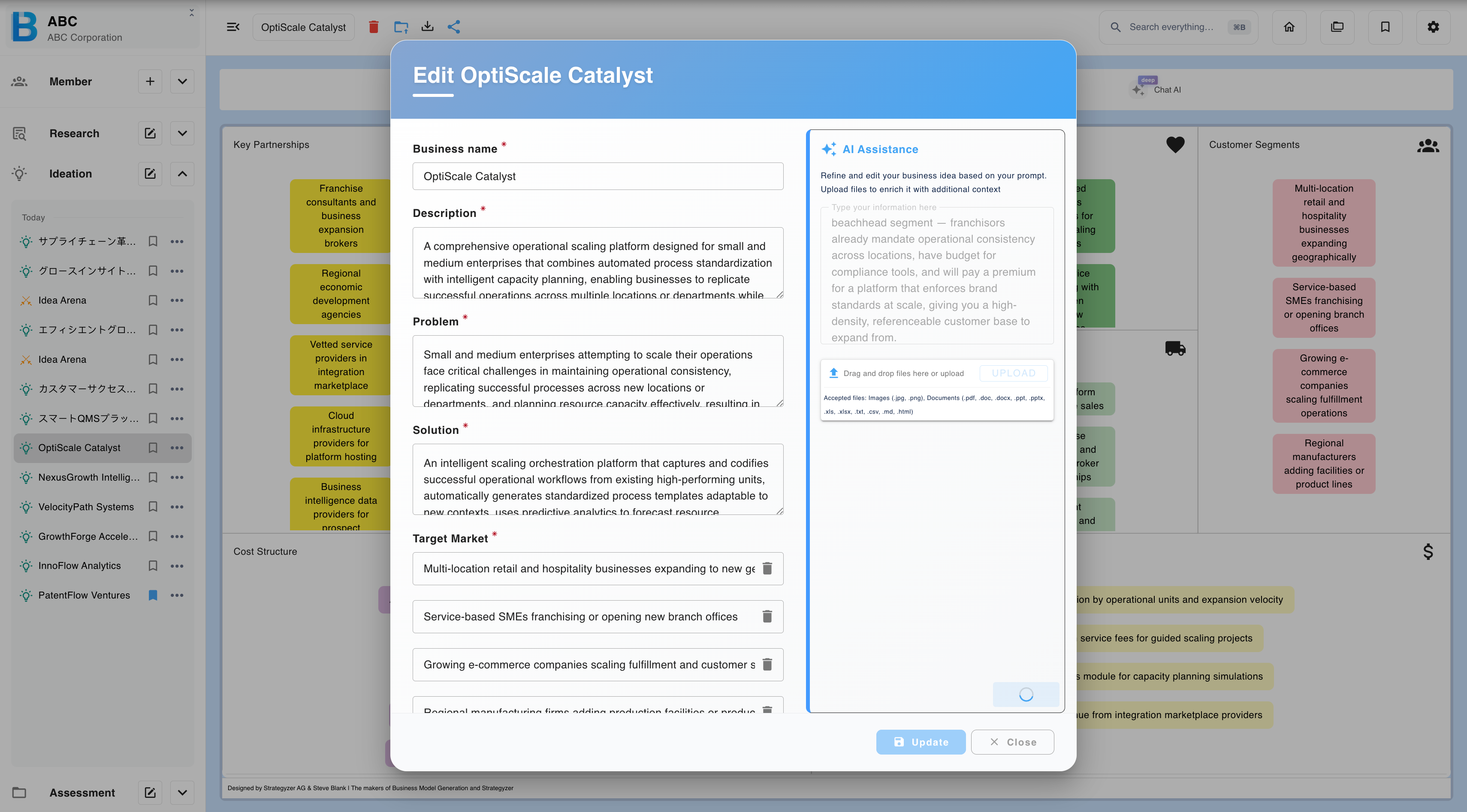 Editing an ideation with an AI instruction