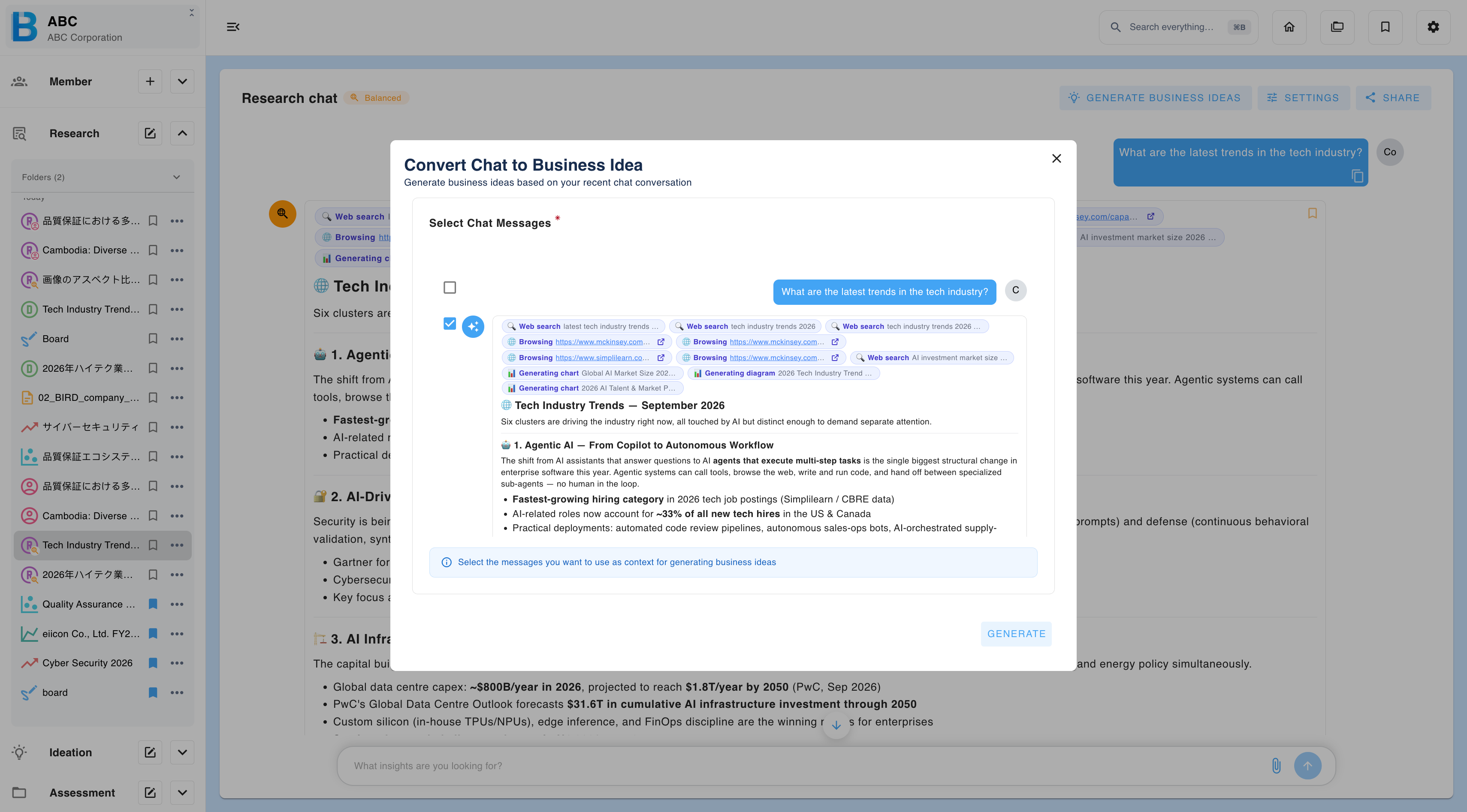 Promoting a research chat to ideation