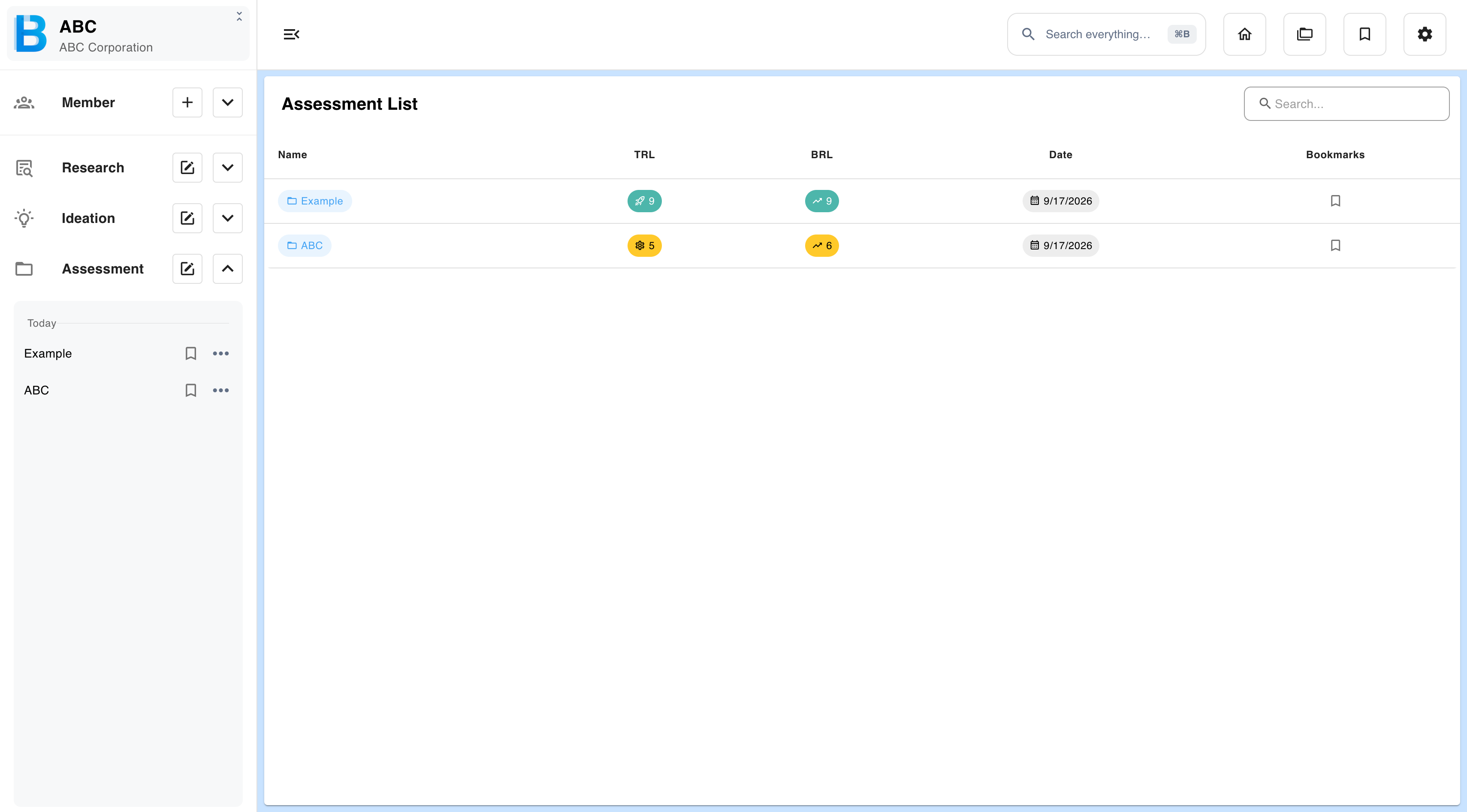 The full assessment list with search and bookmarks