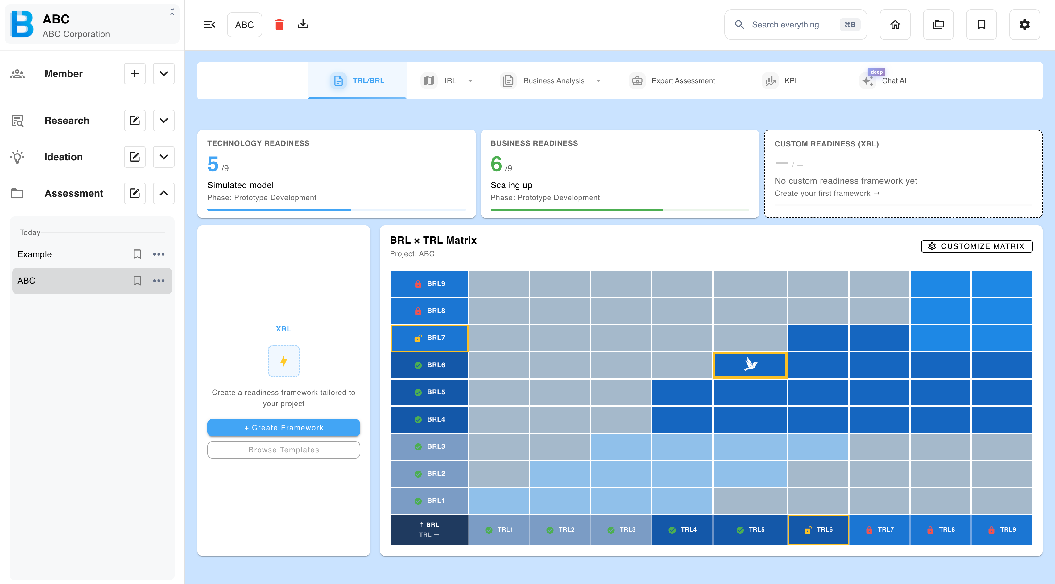 The assessment result screen with readiness cards and matrix