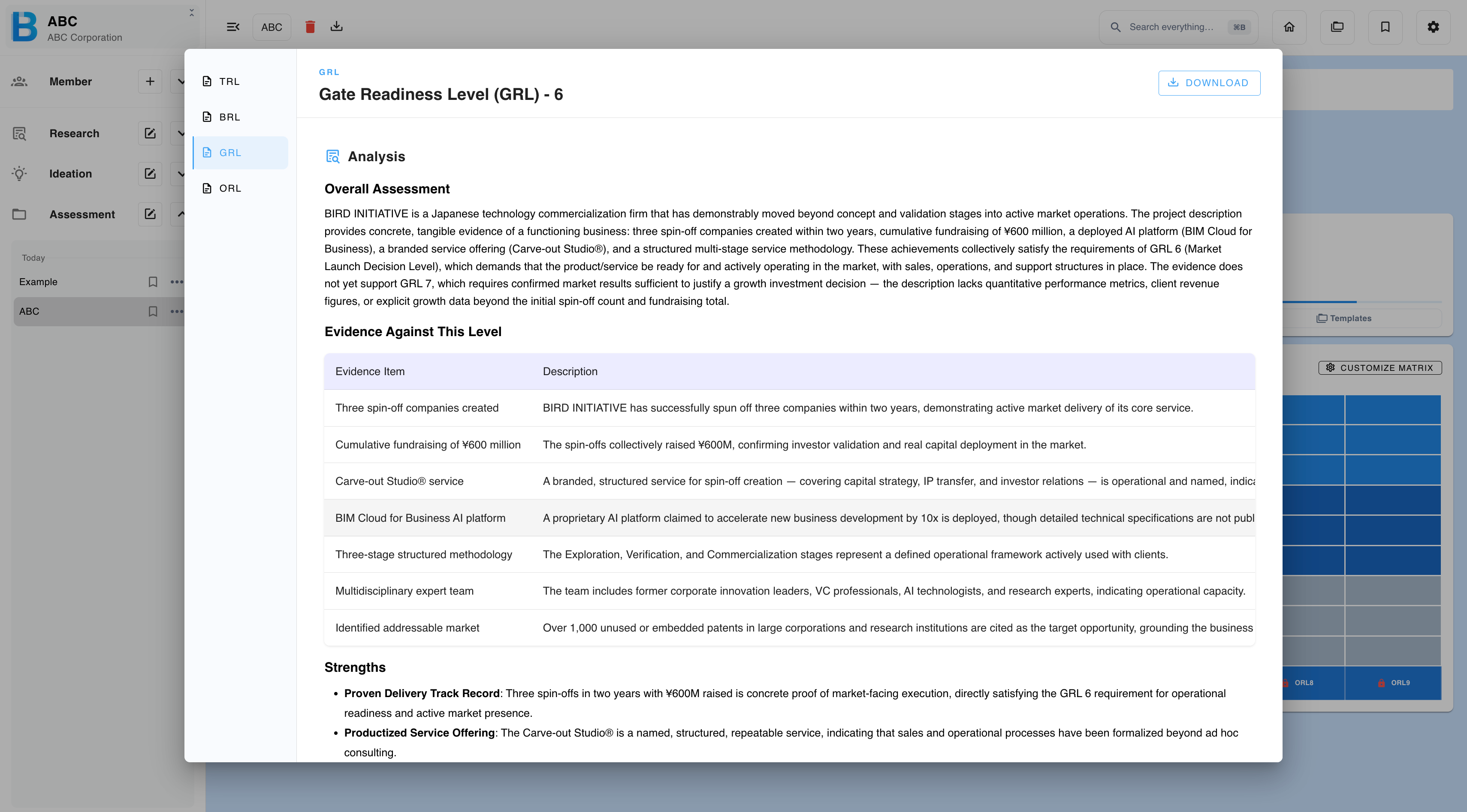 A readiness report with overall analysis and supporting evidence