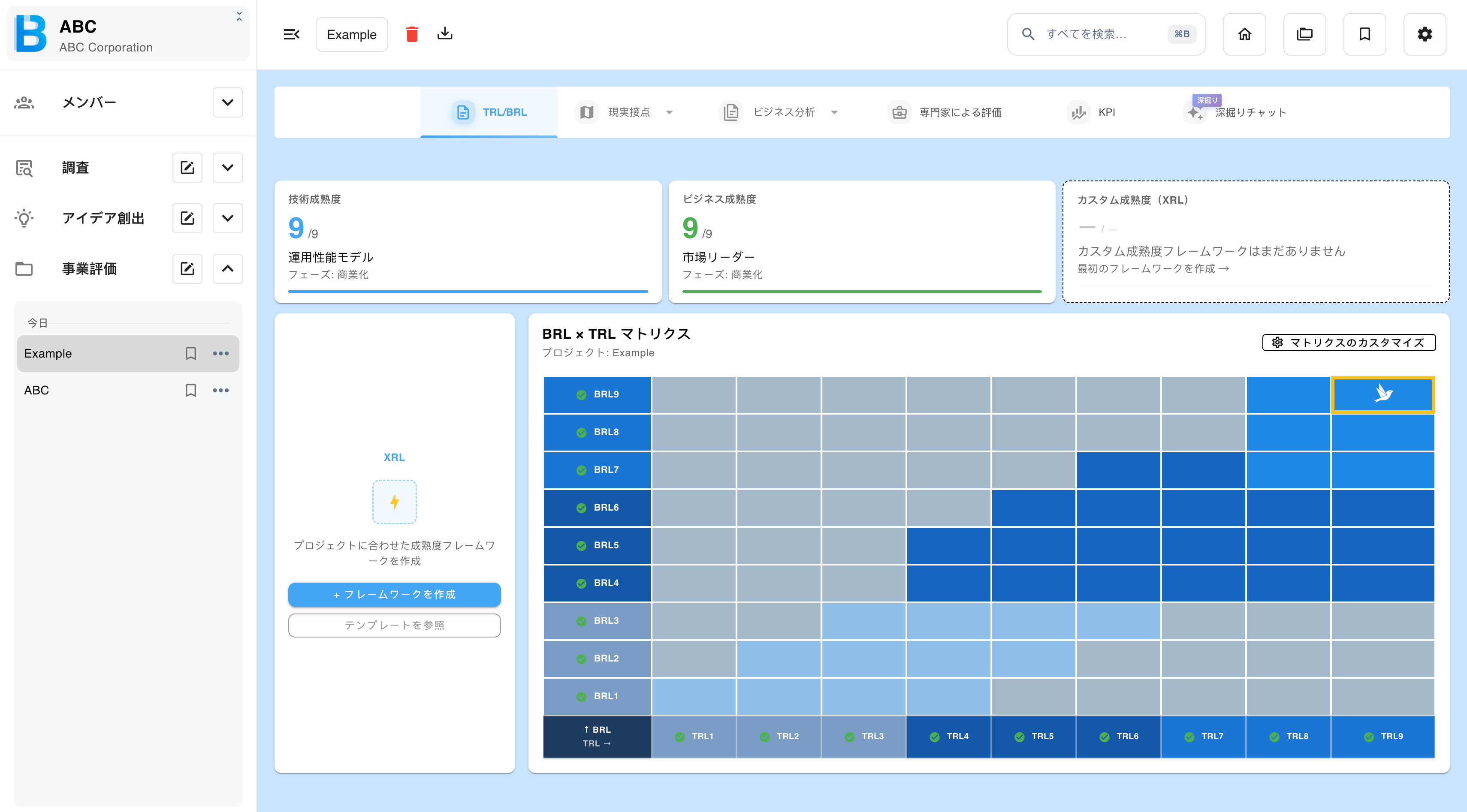 成熟度カードとマトリクスが表示された事業評価の結果画面