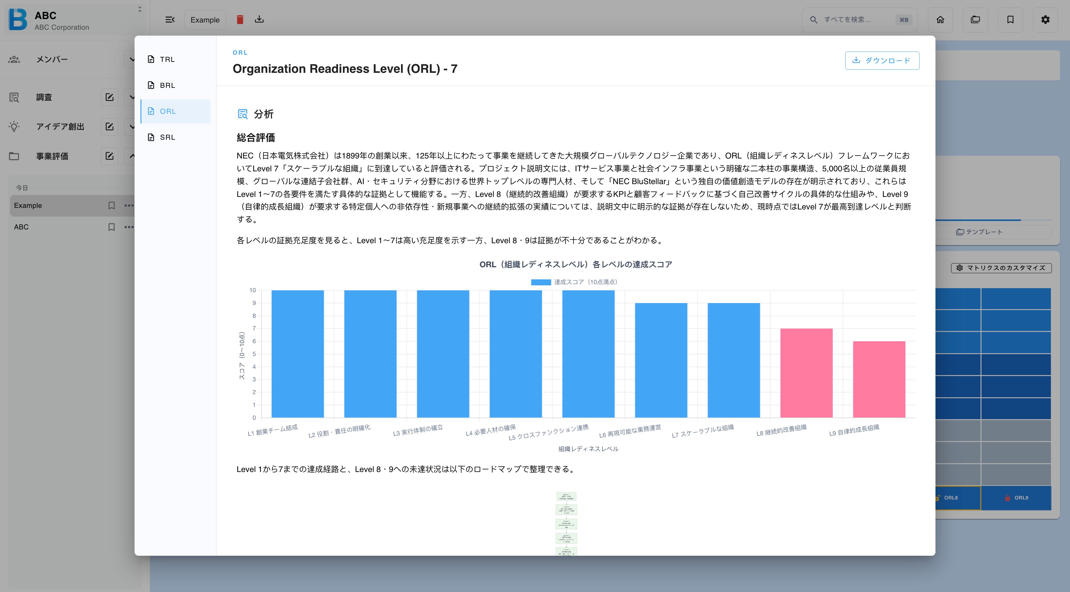 全体的な分析と裏付けとなる根拠が表示された成熟度レポート